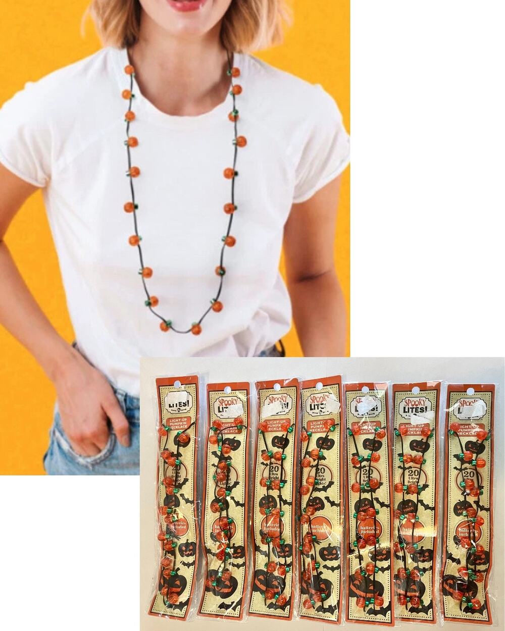 Halloween Light Up Pumpkin Necklace Lot of 7 Bright 20 Bulb Strand w/ Battery